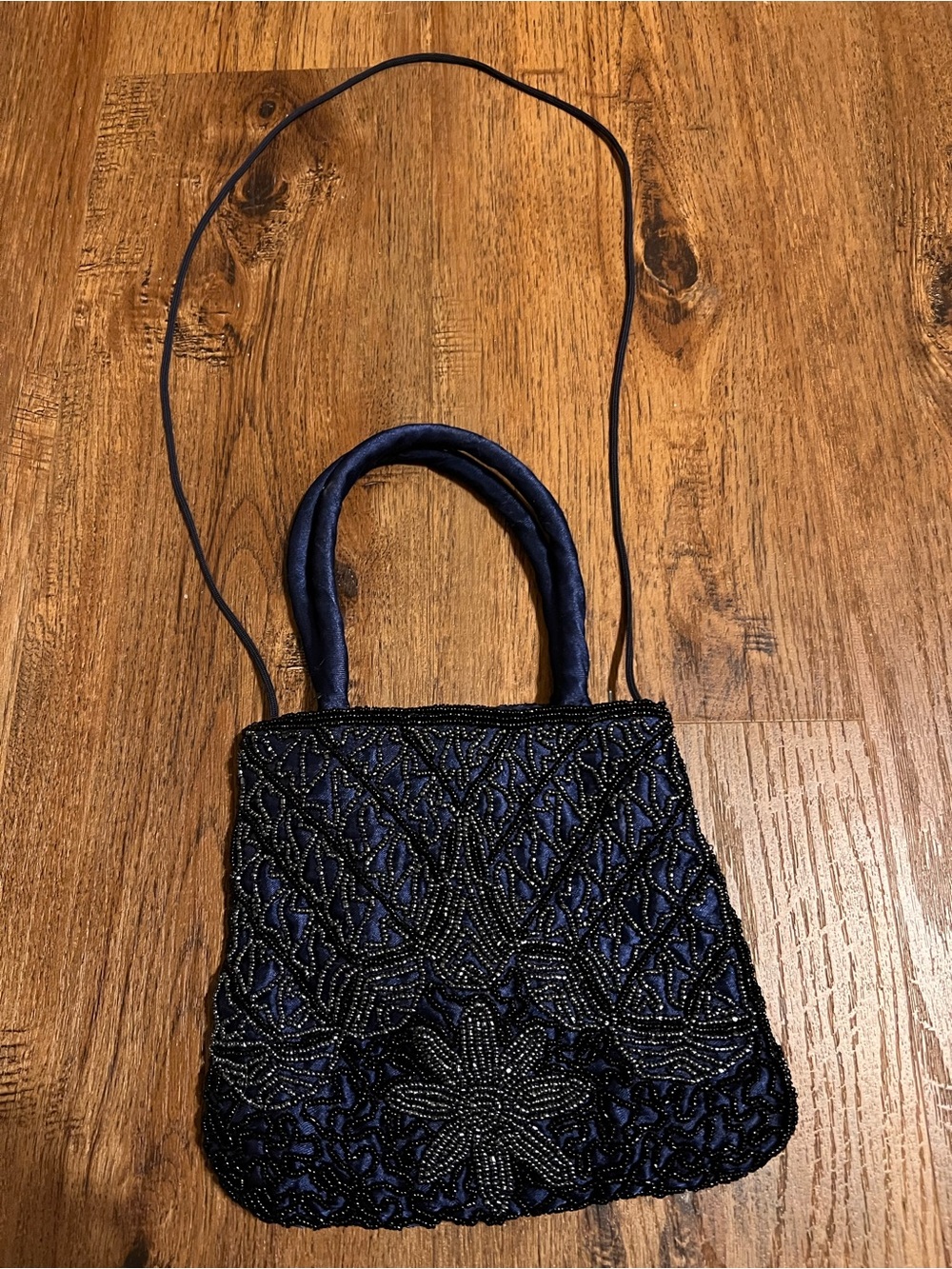 Navy Blue  Beaded Evening Bag Purse Dual Handles Floral Design